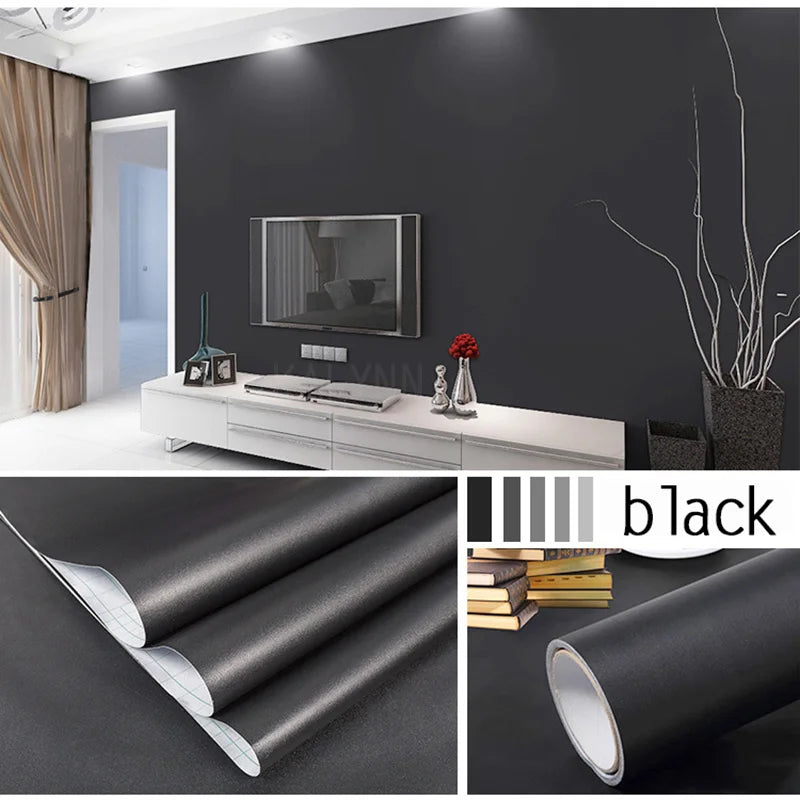 Solid Color Waterproof Wallpaper Room Self-adhesive Black White Wardrobe Kitchen Matte Furniture Wall Sticker,Customizable Width