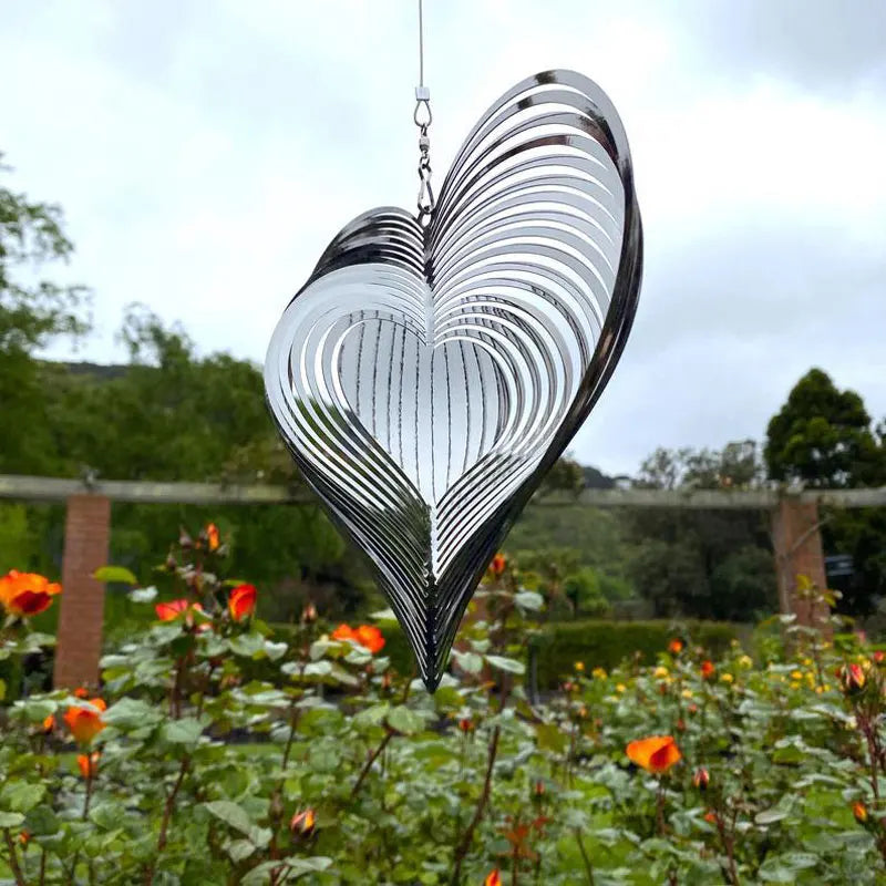 Heart Square Drop Shape Stainless Steel 3D Rotating Wind Spinner Chime Metal Decor Home Garden Decoration Outdoor Indoor Rooms