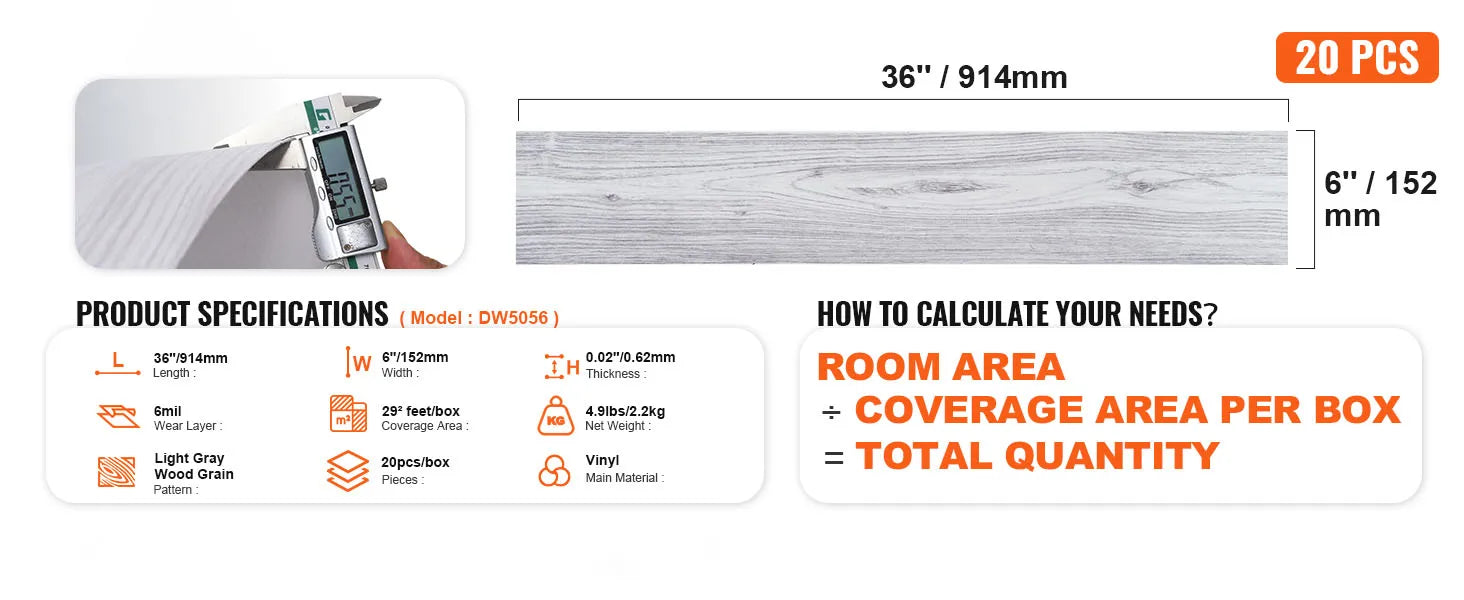 SucceBuy Self Adhesive Vinyl Floor Tiles 20 Tiles 0.62mm Thick Peel & Stick Light Gray Wood Grain DIY Flooring for Kitchen Decor