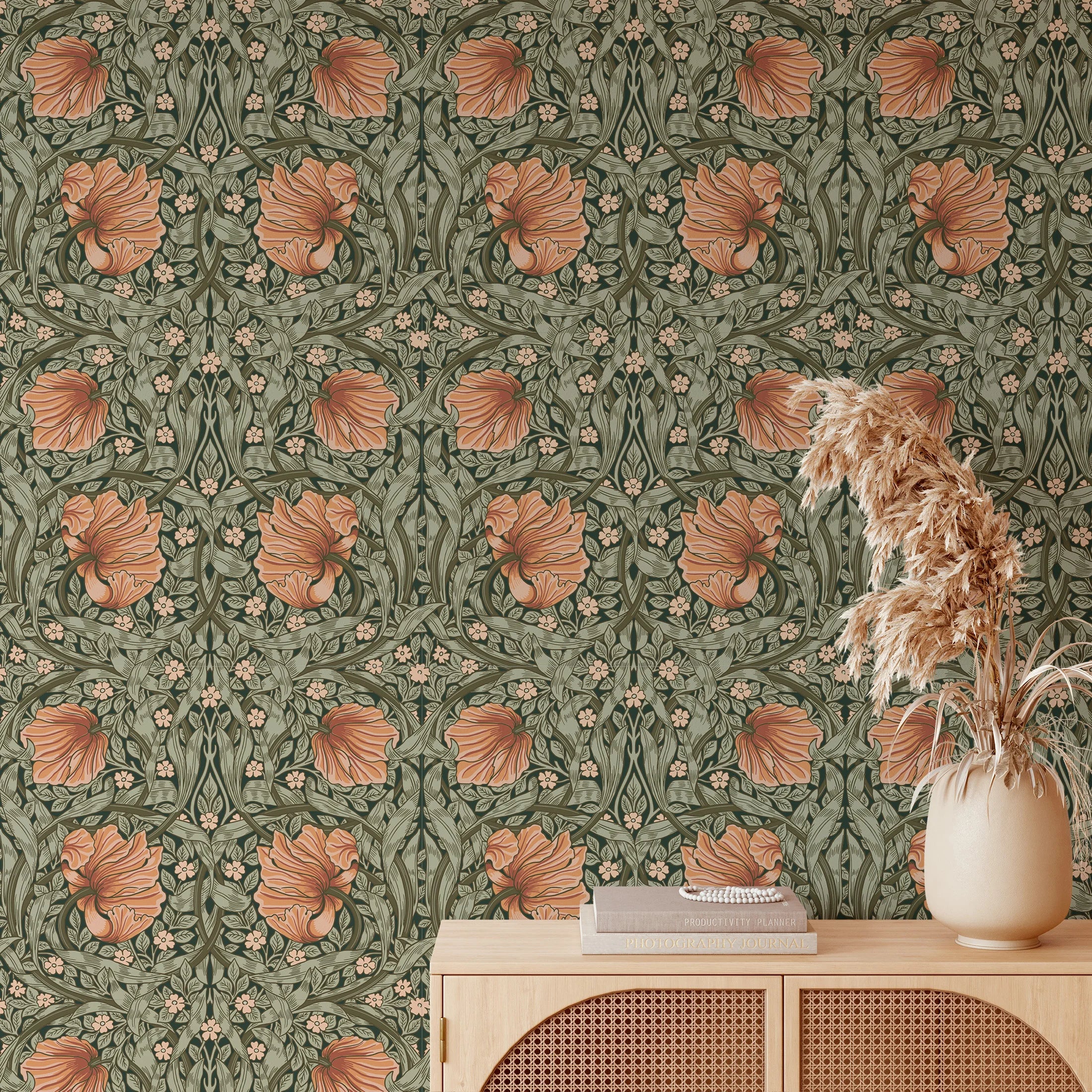1pc Vintage Floral Self-adhesive Wallpaper Peel And Stick Botanical Sage Green/Tangerine Wall Murals Home Kitchen Bedroom Decor