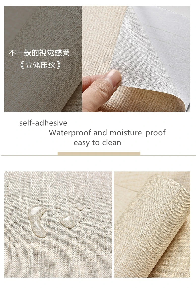 Self-adhesive Wallpaper Waterproof Solid Color Linen Pattern Living Room Bedroom Room Cabinet Decoration Sticker