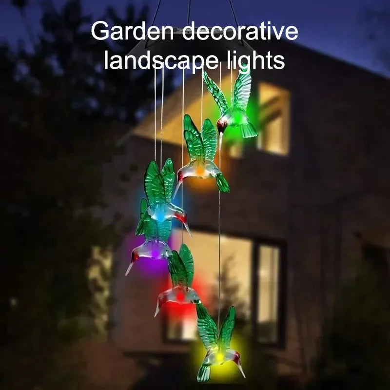 1PC Colorful Gradient Garden LED Wind Chimes Decorated Solar Hummingbird Landscape Garden Lights Decorated Atmosphere