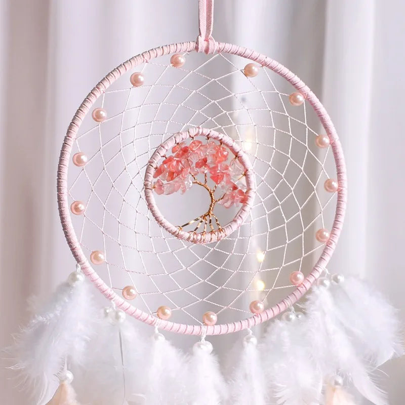 1PC Wind Chime Gravel Dream Catcher Feather Pendant Pink Cute Bedroom Windowsill Creative Home Decoration