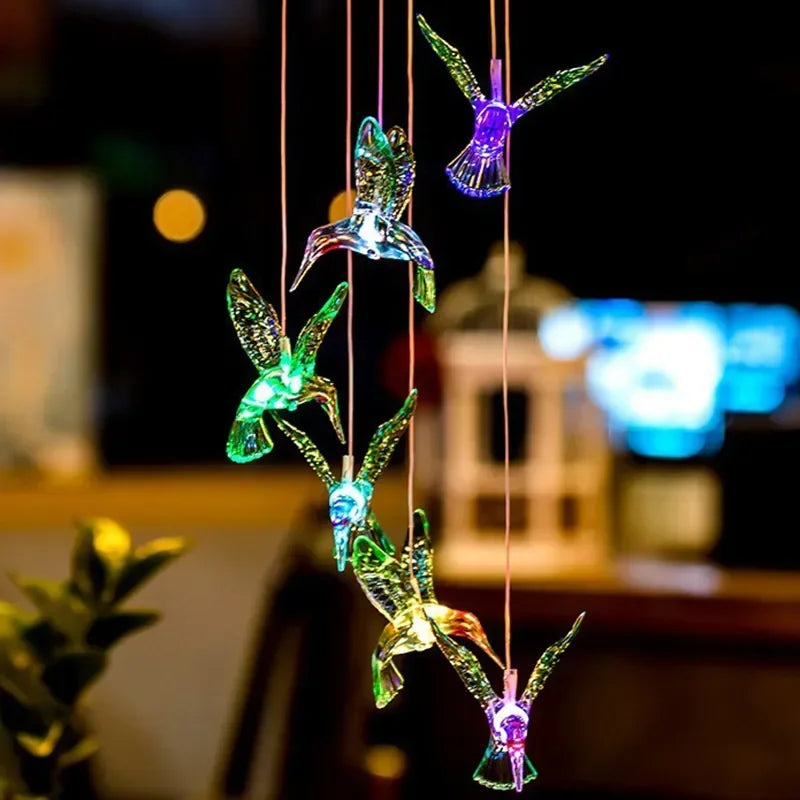 1PC Colorful Gradient Garden LED Wind Chimes Decorated Solar Hummingbird Landscape Garden Lights Decorated Atmosphere