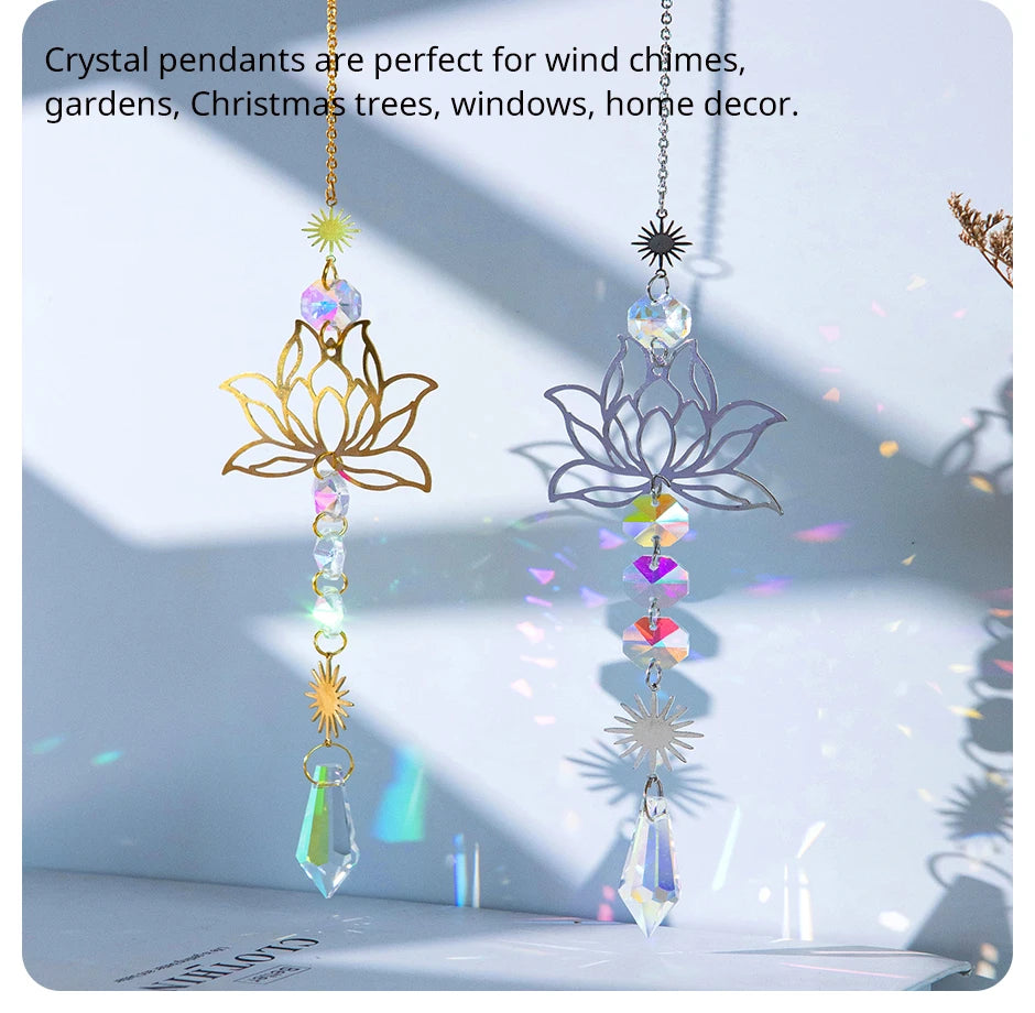 1PcMetalLotusandArtificial Crystal Suncatcher Charm Handmade Applicable Home Wind Chime Pendant Outdoor Garden Plant Decoration