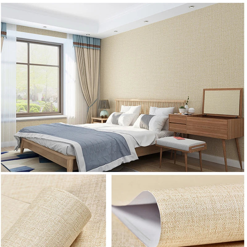 Self-adhesive Wallpaper Waterproof Solid Color Linen Pattern Living Room Bedroom Room Cabinet Decoration Sticker