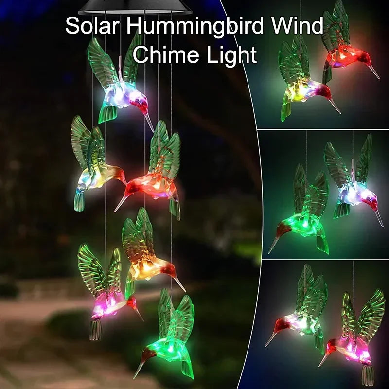 1PC Colorful Gradient Garden LED Wind Chimes Decorated Solar Hummingbird Landscape Garden Lights Decorated Atmosphere