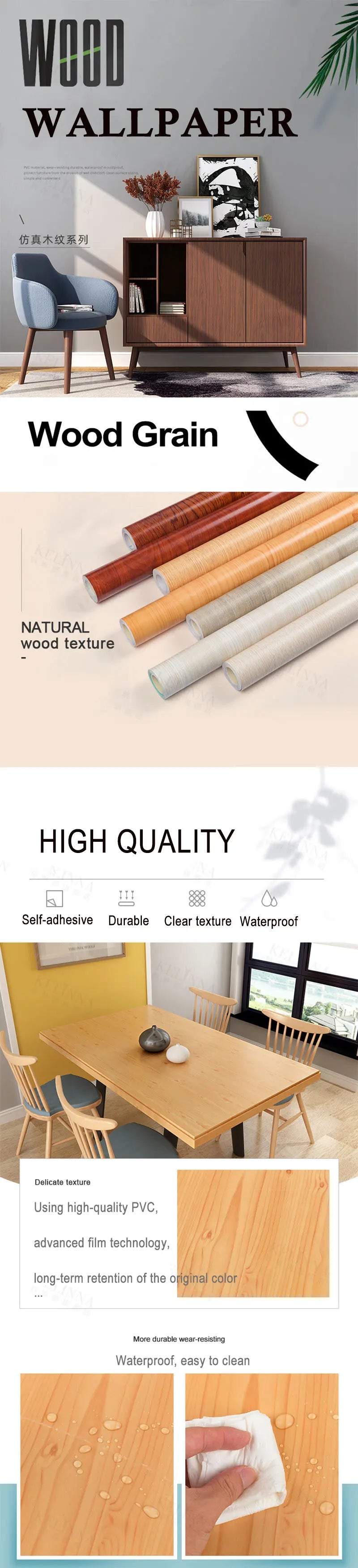 Vinyl Self-adhesive Waterproof Wood Wallpapers Wall Stickers for Wall in Rolls Furniture Renovation Film Bedroom Home Decor PVC