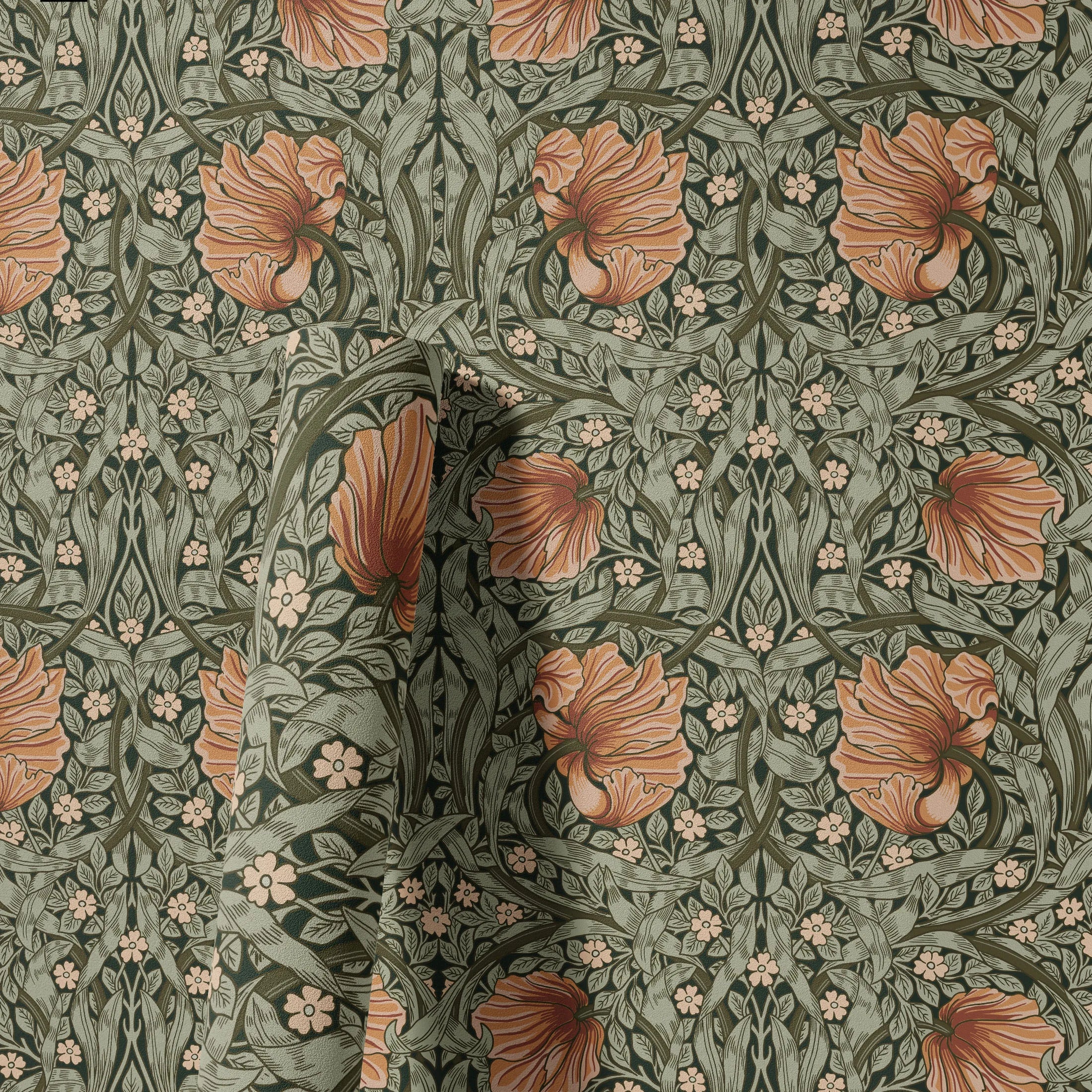 1pc Vintage Floral Self-adhesive Wallpaper Peel And Stick Botanical Sage Green/Tangerine Wall Murals Home Kitchen Bedroom Decor