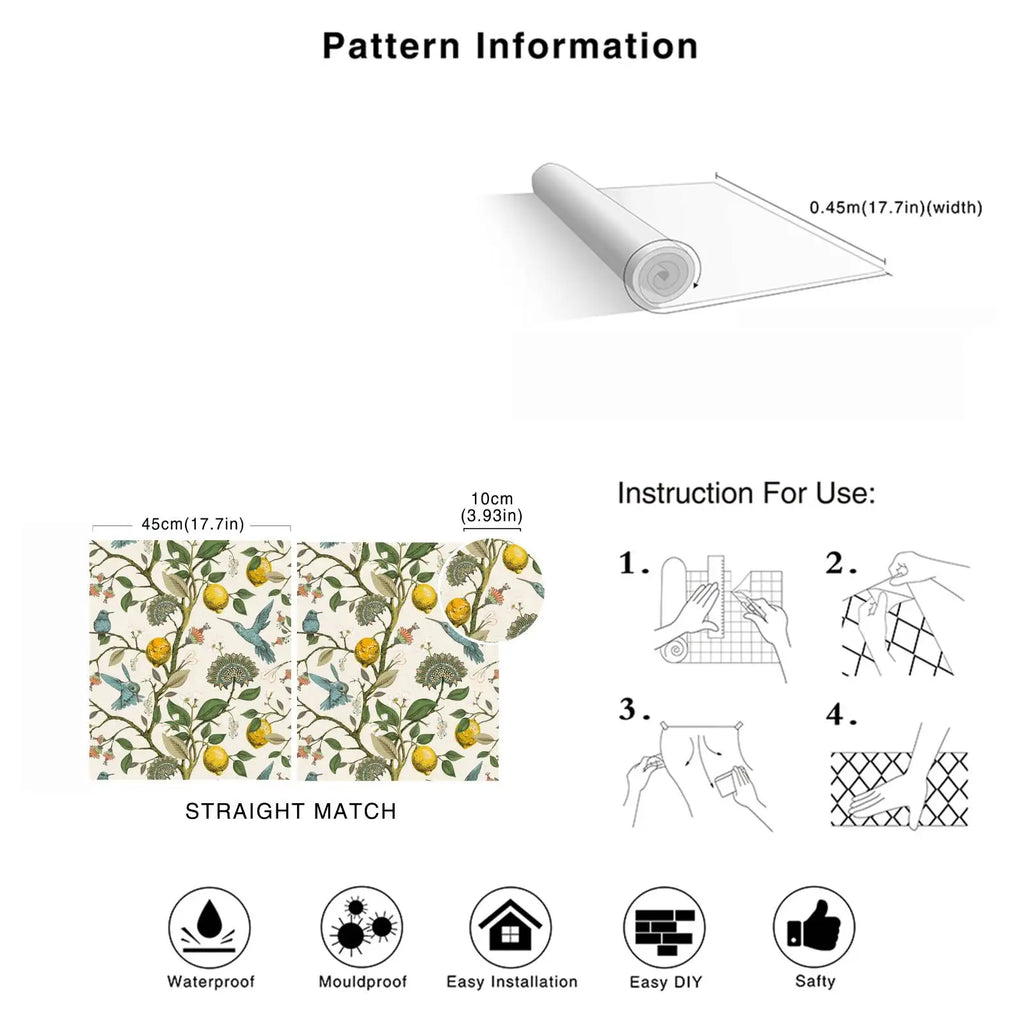 Blue Bird Self Adhesive Wallpaper Fresh Lemon Tree Peel and Stick Wallpaper Removable Waterproof Prepasted Wallpaper Wall Mural