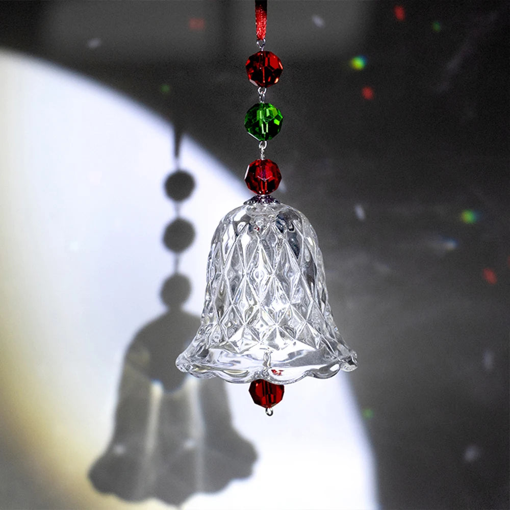 Red crystal wind chime window ornament, glass bell pendant, holiday Christmas tree decoration gift.