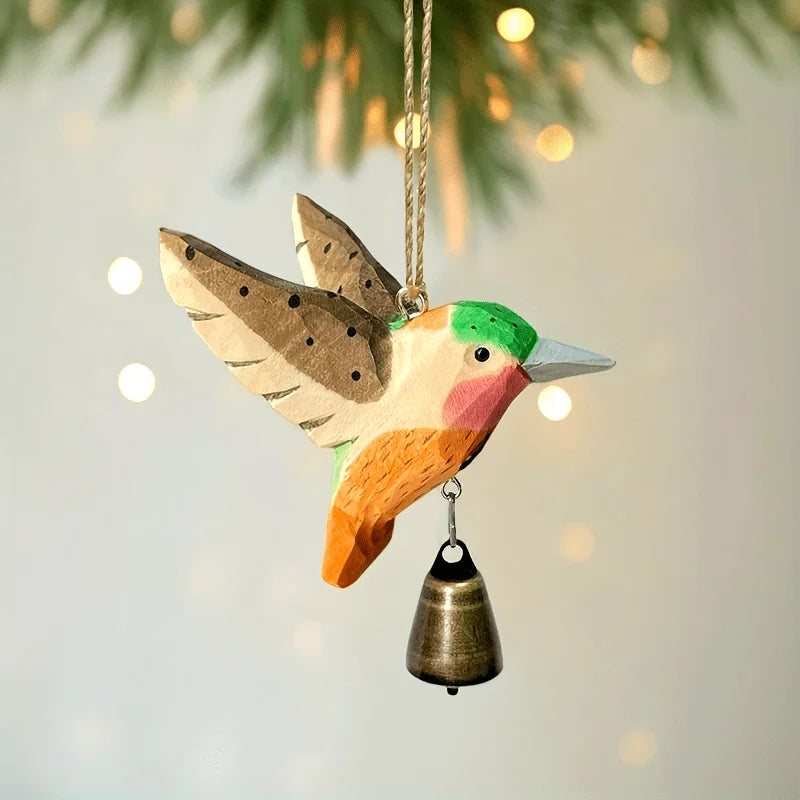 1pc Hand-Carved Solid Wood Hummingbird Wind Chime Pendant -Wood Grain Flying Bird Sculpture with Soothing Sound,Rustic Farmhouse