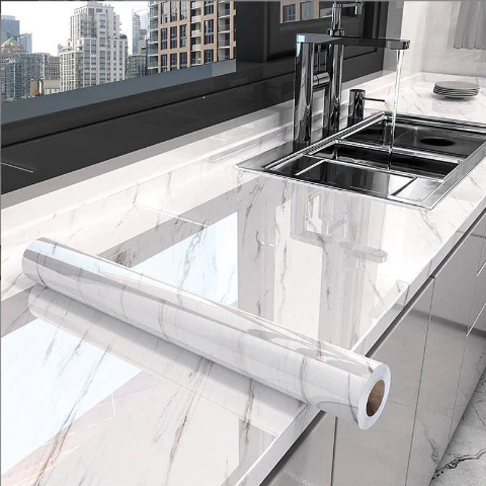 40cm Marble Self-adhesive Wallpaper Kitchen Cabinet Stove Countertop Contact paper PVC Waterproof Renovation Tile Wall Stickers