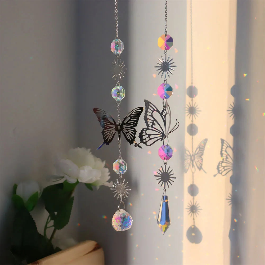 Crystal Butterfly Demon Eye Wind Chime Wind Chimes Outdoor Ornament Handmade Hanging Suncatcher with AB Coating for Home Garden