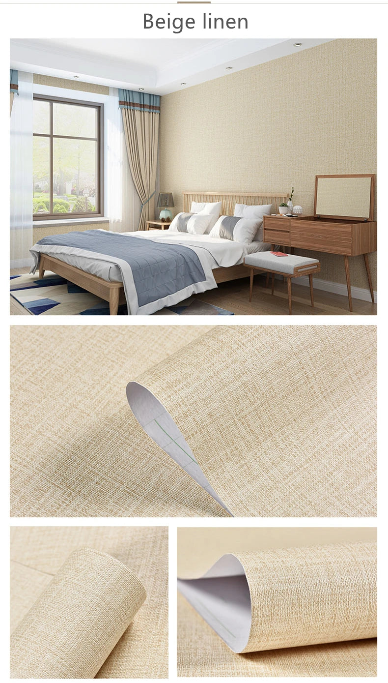 Self-adhesive Wallpaper Waterproof Solid Color Linen Pattern Living Room Bedroom Room Cabinet Decoration Sticker