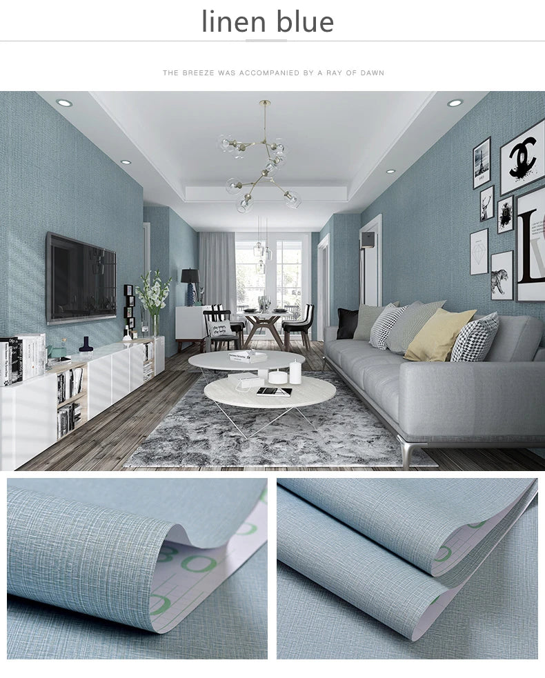 Self-adhesive Wallpaper Waterproof Solid Color Linen Pattern Living Room Bedroom Room Cabinet Decoration Sticker