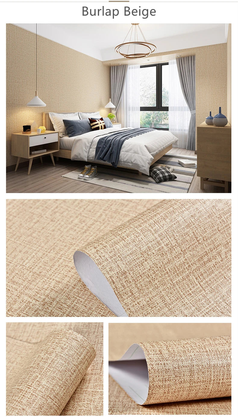 Self-adhesive Wallpaper Waterproof Solid Color Linen Pattern Living Room Bedroom Room Cabinet Decoration Sticker