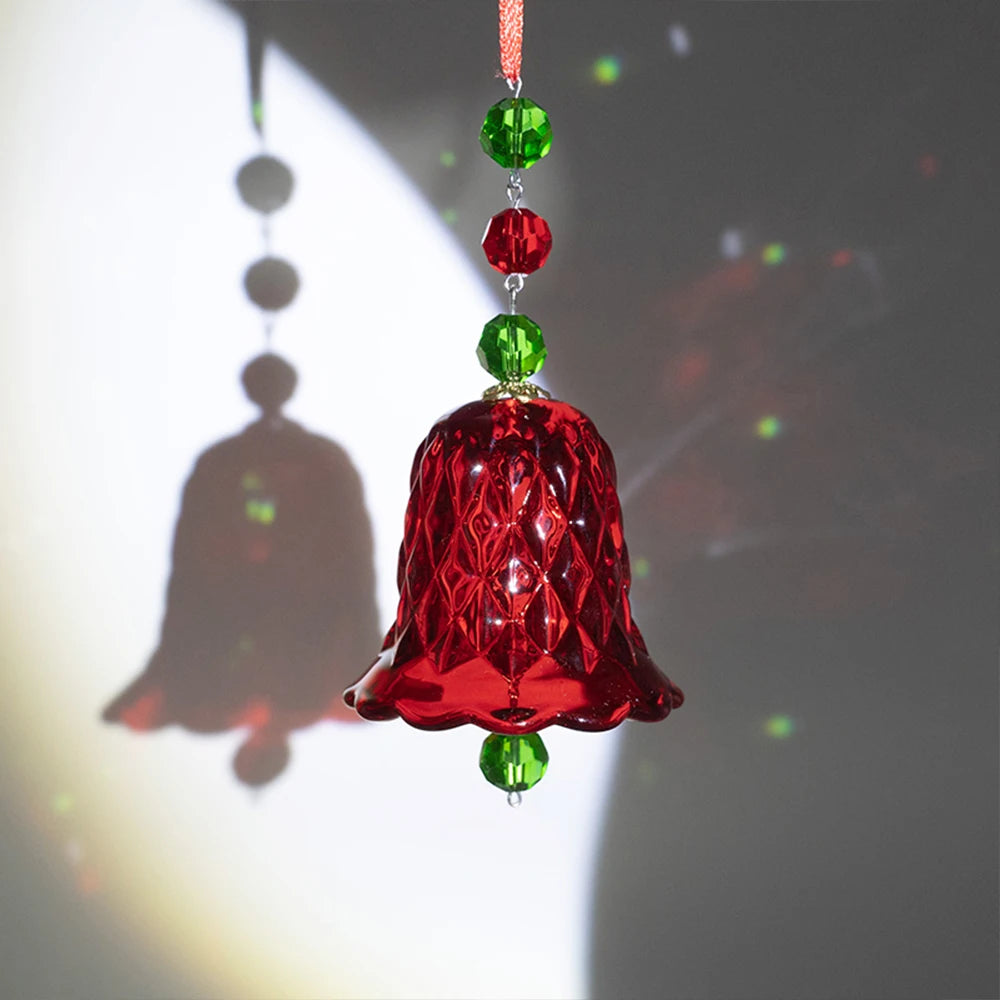Red crystal wind chime window ornament, glass bell pendant, holiday Christmas tree decoration gift.