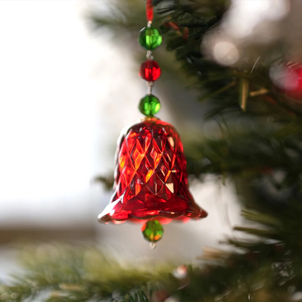 Red crystal wind chime window ornament, glass bell pendant, holiday Christmas tree decoration gift.