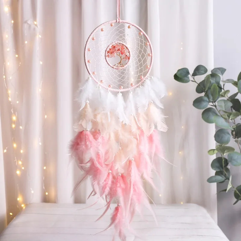 1PC Wind Chime Gravel Dream Catcher Feather Pendant Pink Cute Bedroom Windowsill Creative Home Decoration