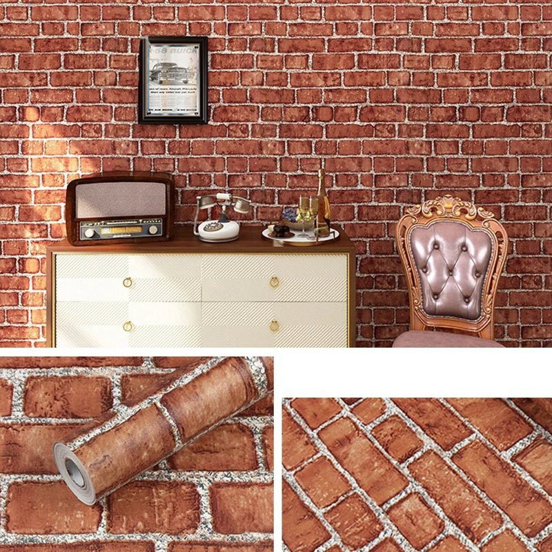 PVC Retro Red-brown Brick Pattern Oil-proof Self-adhesive Waterproof Wall Paste Dormitory Living Room Background Wallpaper Home