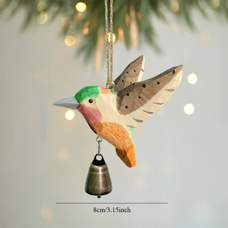 1pc Hand-Carved Solid Wood Hummingbird Wind Chime Pendant -Wood Grain Flying Bird Sculpture with Soothing Sound,Rustic Farmhouse